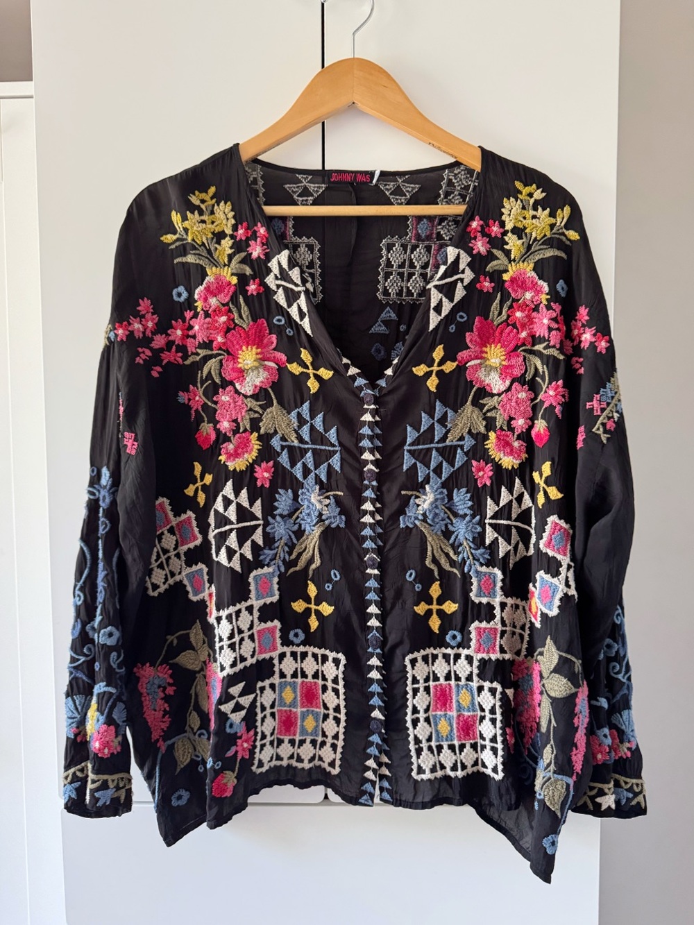 Johnny Was Black Embroidered Boho V-Neck Blouse with Multicolor Floral Motifs